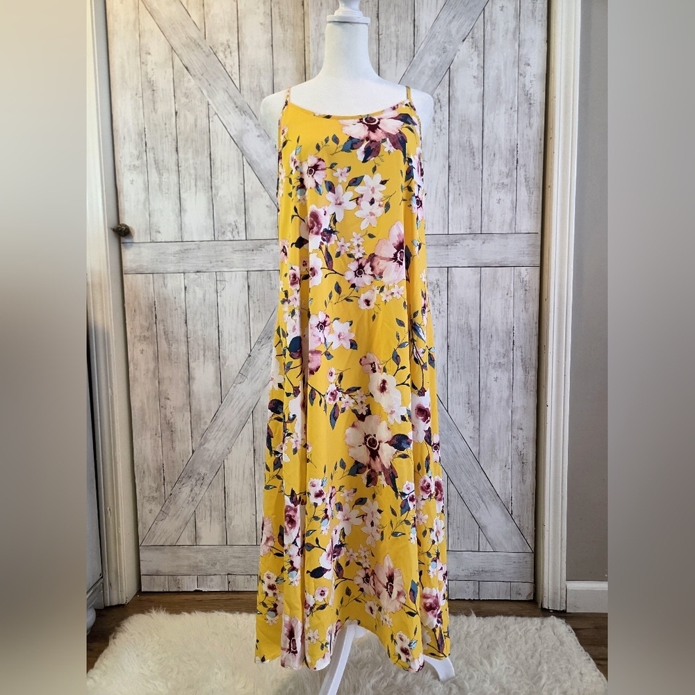 Chris & Carol Bright Yellow Floral Maxi Dress with Pink & White Flowers NWOT